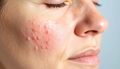 Obraz premium Rosacea close-up showing red cheeks, small pustules, and visible vessels. A realistic take on this facial skin disorder, perfect for awareness visuals.