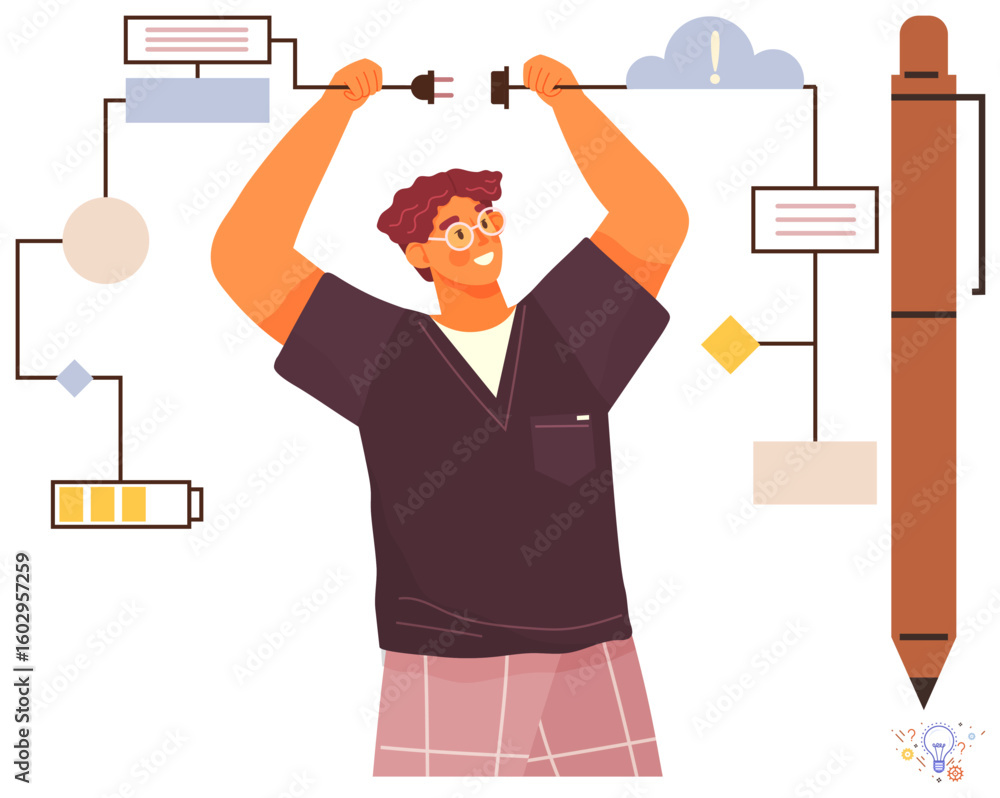 Poster man plugging cables into workflow diagram with battery, cloud, and note elements. ideal for creativi