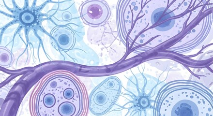 An illustration of nerve cells and neurons in shades of purple and blue on a white background art