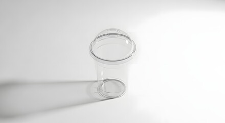 A clear plastic cup with a dome lid sitting on a white surface casting a soft shadow to the left side
