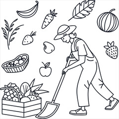 hand drawn vector illustration of a set of vegetable with farmer 