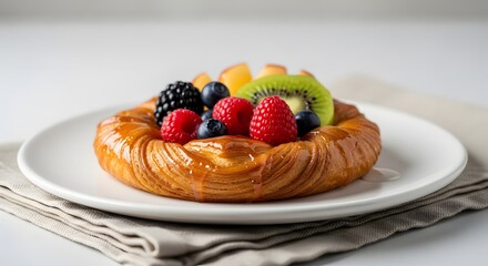 A delicious fruit danish pastry with raspberries, blueberries, kiwi, and blackberries on a white plate