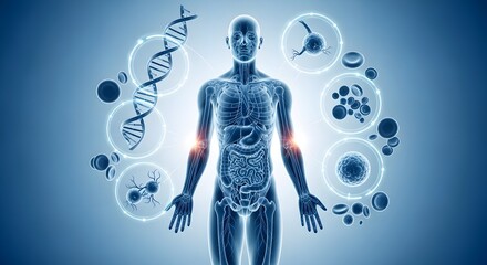 Human anatomy with dna strand and cells floating around the body in a blue toned medical illustration
