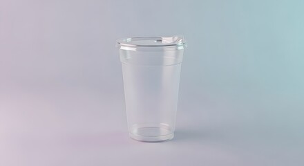 A clear plastic cup with a lid is shown on a light background with a slight gradient of color tones