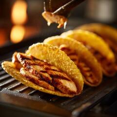 Grilled Chicken Tacos with Spicy Seasoning on a Black Grill Surface