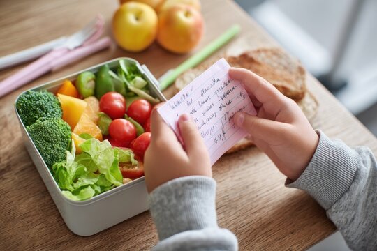Child holding note, lunchbox, food