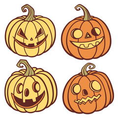 Four halloween pumpkins with different carved faces in yellow and orange on a white background design illustration