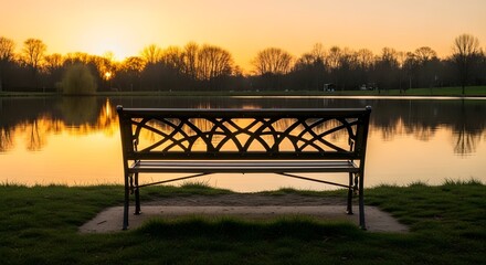 A bench overlooking a lake at sunset with trees in the background and grass in the foreground view