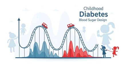 Illustration depicting childhood diabetes with a rollercoaster and blood sugar level fluctuations