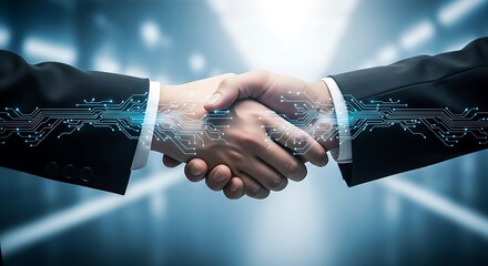 Two businessmen shaking hands with a digital network overlay representing a successful business deal