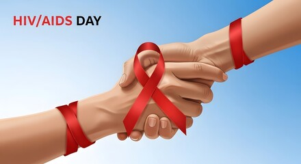 Hands joined with red ribbon and wristbands in support of hiv aids awareness against a blue background