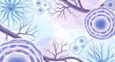 Illustration of cells and branching structures in shades of blue and purple on watercolor background
