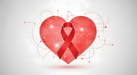 Red ribbon on a red heart with abstract lines and dots on a white background for aids awareness day