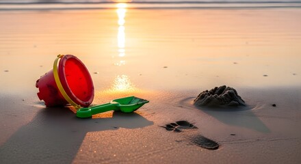 A beach scene featuring a red bucket, green shovel, sandcastle, and footprints during a sunset light
