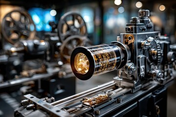 Detailed view of a vintage camera lens on a film projector showcasing intricate mechanics