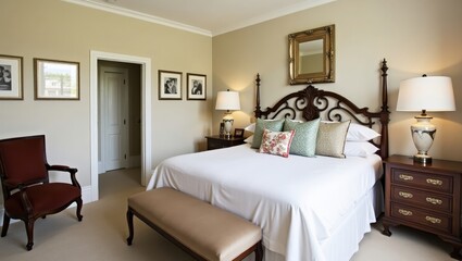 A bedroom with a substantial bed and matching furniture.