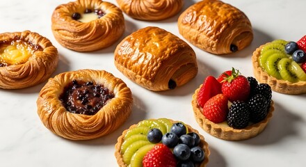An assortment of pastries including danishes pain au chocolat and fruit tarts on a white surface