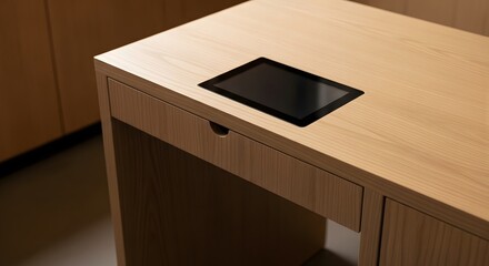 Close up of a light wood desk with a built in tablet and drawers in a modern interior setting