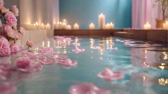 Soft pink rose petals float on water surface in spa bath surrounded by lit candles creating calm romantic atmosphere for relaxation and self care with flower and candle light ambiance