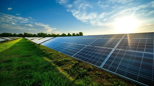 Solar panel field with green grass and blue sky capturing sunlight renewable energy sustainable technology clean power generation in open landscape eco friendly energy source photovoltaic environment