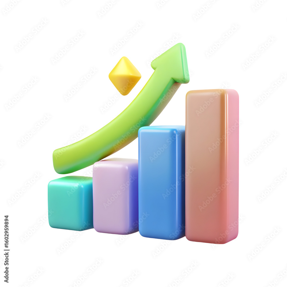 Poster 3d bar chart with upward trend arrow isolated on transparent background