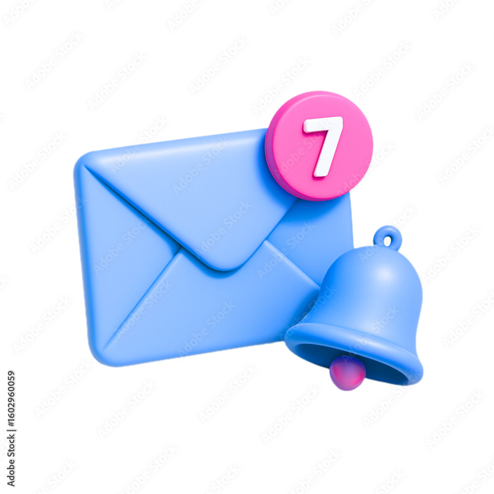 Poster blue envelope with notification badge and bell isolated on transparent background