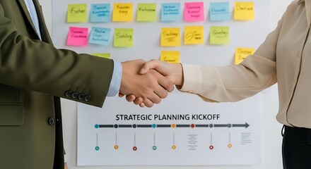 Business partners shake hands over a strategic planning kickoff chart with sticky notes