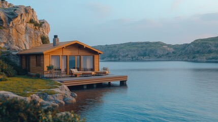 Naklejka premium Lakeside wooden cabin at dawn