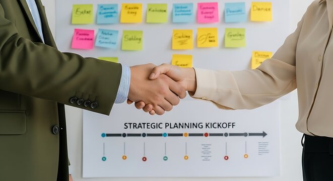 Business partners shake hands over a strategic planning kickoff chart with sticky notes