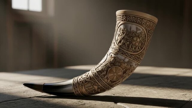 Detailed viking drinking horn with intricate carvings on a stone surface lit by window light,