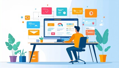 Contemporary flat vector of mobile app development and coding, UI/UX design process, programmer at desk, light interface, digital product design concept, tech startup scene. High quality. 