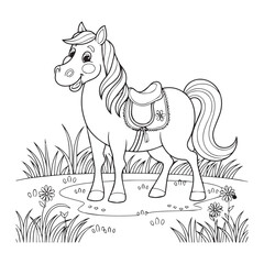 A black and white line art illustration of a large, friendly horse standing Silhouette vector design.