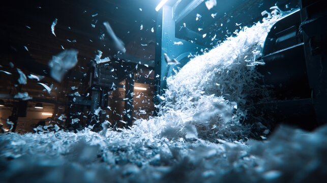 Shredded paper flying from industrial machine