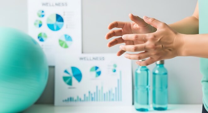 Hands gesturing near a yoga ball and charts displaying wellness data representing a focus on health and progress