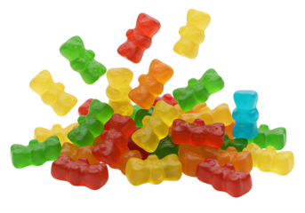 A colorful pile of gummy bears scattered and isolated on transparent background