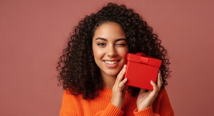 A smiling woman winks while holding a red gift box, ready to celebrate.