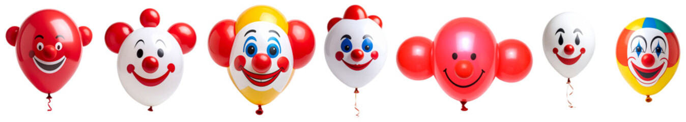 A vibrant set of clown face balloons with cheerful expressions, cartoon-like style, and playful colors. Perfect for birthday parties, circus-themed decorations, and festive designs.