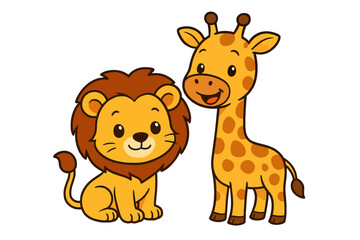 Obraz premium Safari Buddies: A playful lion and a friendly giraffe stand side by side, their cartoon forms radiating warmth and companionship. A heartwarming image of unity and affection.