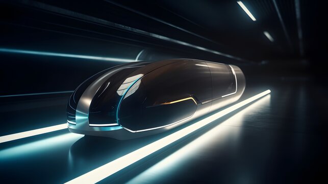 A sleek Hyperloop pod traveling through a high-speed futuristic tunnel. The scene depicts cutting-edge transportation technology in motion.