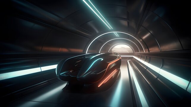 A sleek Hyperloop pod traveling through a high-speed futuristic tunnel. The scene depicts cutting-edge transportation technology in motion.
