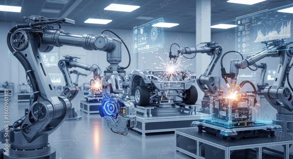 Poster steel robotic arms transporting and assembling parts in smart factory environment.