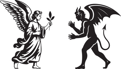 Fototapeta premium Angel and Devil Vector Illustration in Opposing Stance with Wings