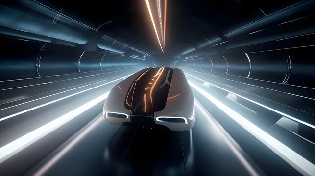 A sleek Hyperloop pod traveling through a high-speed futuristic tunnel. The scene depicts cutting-edge transportation technology in motion.