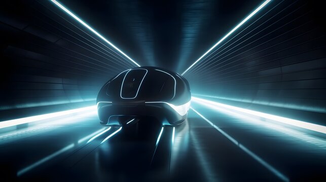 A sleek Hyperloop pod traveling through a high-speed futuristic tunnel. The scene depicts cutting-edge transportation technology in motion.