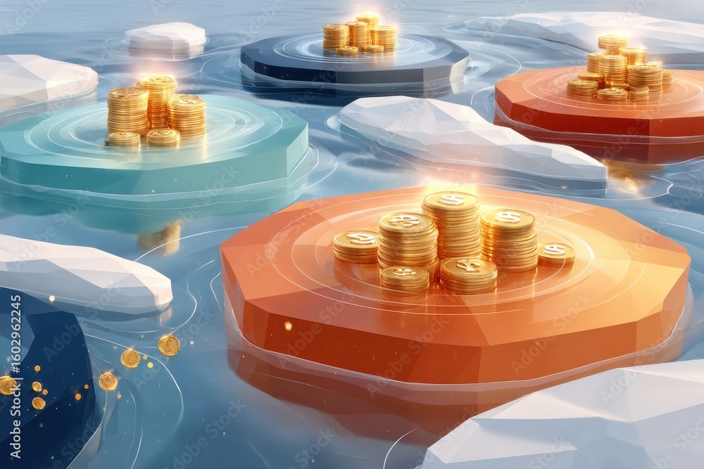 Poster abstract depiction of floating platforms with stacks of coins in a polygon style