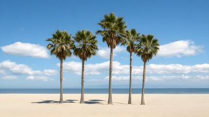 Fototapeta premium Five Palm Trees on Sandy Beach under Blue Sky ocean