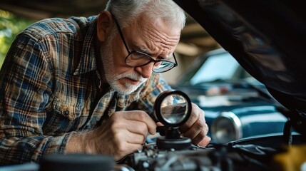 An elderly man with glasses inspects a car engine closely using a magnifying glass under the raised hood.