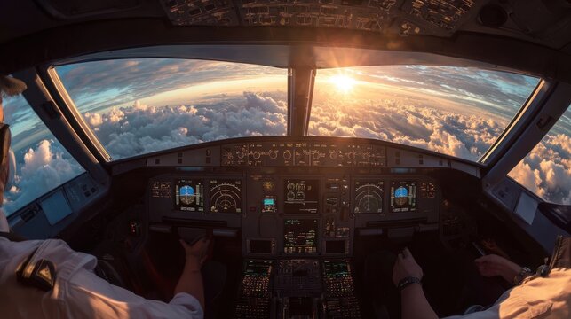 Cockpit view of sunrise over clouds