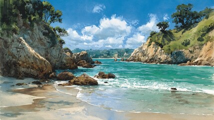 Naklejka premium Breathtaking coastal panorama, rocky beach and rolling ocean waves at sunset scenic