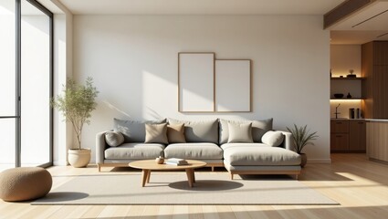 Fototapeta premium Modern living room interior design with light gray sectional sofa and wooden accents.